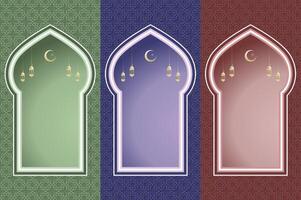 Islamic mosque window with lantern and moon, ramadan background arch arabic. Islamic celebration template with copy space. vector