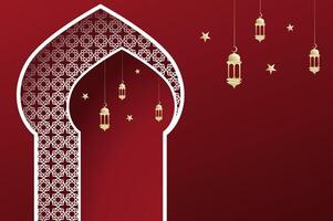 Islamic architecture window with lantern and moon, 3D papercut gradient red color ramadan background arch arabic. Islamic celebration template with copy space. vector