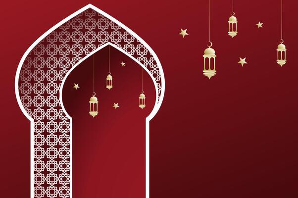 Islamic architecture window with lantern and moon, 3D papercut gradient red color ramadan background arch arabic. Islamic celebration template with copy space.