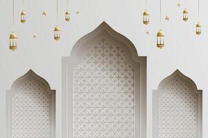 3D effect papercut style Islamic architecture window with lantern, ramadan background and Islamic festival celebration template with copy space. vector