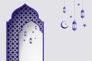 Islamic architecture window with lantern and moon, 3D papercut violet color ramadan background arch arabic. Islamic celebration template with copy space. vector