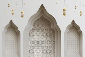 3D effect papercut style Islamic arch window with lantern, ramadan background and Islamic festival celebration template with copy space. vector