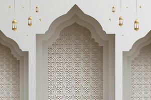 3D effect papercut style Islamic arch with lantern, ramadan background and Islamic celebration template with copy space. vector