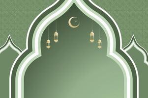 Islamic architecture window with lantern and moon, ramadan background arch arabic on green color. Islamic festival celebration template with copy space. vector