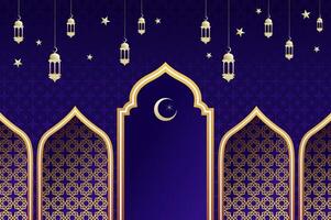 Islamic architecture window with lantern and moon in gradient blue, ramadan background arch arabic. Islamic celebration template with copy space. vector