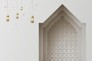 3D effect papercut style Islamic arch window with lantern, ramadan background and Islamic celebration festival template with copy space. vector