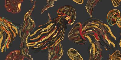 a pattern of red and gold leaves on a black background vector
