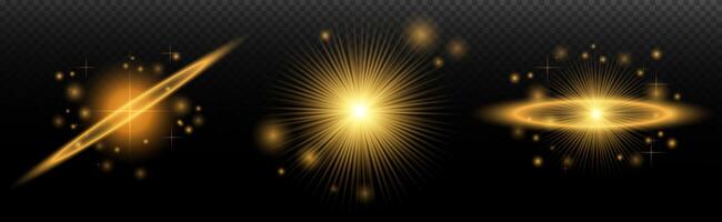 golden light rays, rays, and stars on a black background vector