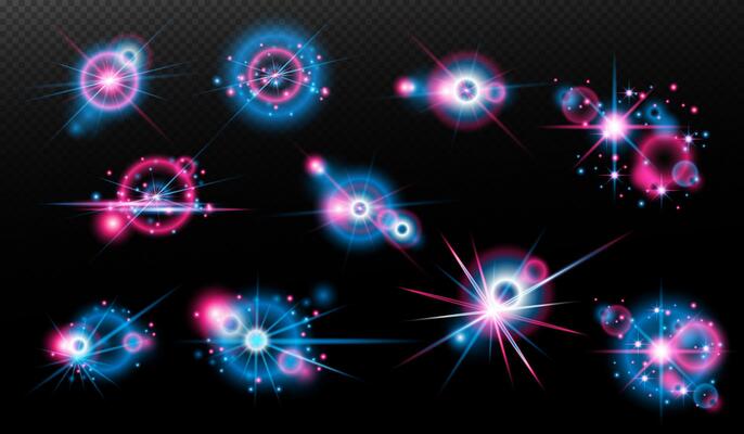 set of glowing blue and pink stars on black background