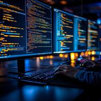 A person working intently at multiple computer monitors, displaying colorful codes and programming scripts in a modern workspace. Emphasis on innovation and digital creativity. photo
