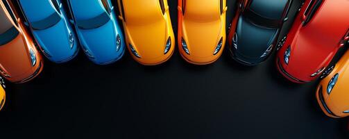 An overhead view of vibrant cars arranged in a striking pattern, showcasing colorful designs and sleek lines, perfect for automotive enthusiasts and transportation themes. photo