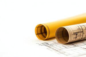 A close-up of architectural blueprints and rolled construction plans emphasizing precision in design and planning. Ideal for showcasing engineering and architecture concepts. photo