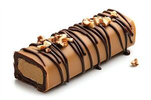 A delicious chocolate bar drizzled with rich chocolate and topped with crunchy nuts, perfect for satisfying sweet cravings and enhancing dessert presentations. photo