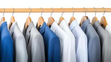 A polished display of neatly arranged suits on hangers, showcasing professional attire for the modern workplace. Ideal for fashion, business presentations, and corporate branding. photo