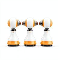 Three futuristic robots with distinctive design in white and orange. They showcase advanced technology and innovation, perfect for representing modern automation and AI concepts. photo