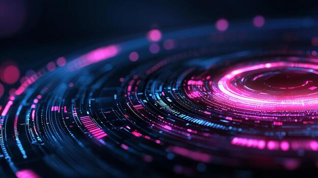 Vibrant digital swirl with glowing lines and circles, representing advanced technology and innovation. Perfect for themes of futurism, data visualization, or abstract art in tech. photo