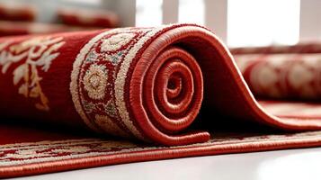 An elegantly rolled red carpet showcasing intricate patterns and designs, perfect for adding a touch of luxury and warmth to any living space or event decor. photo