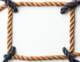 An intricate border made of intertwined ropes, featuring natural fibers in earthy tones and a blank white center for versatile use in design and art projects. photo