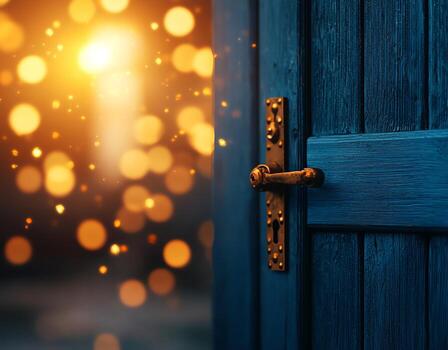 An enchanting blue door adorned with a golden handle opens to a world of soft bokeh lights, symbolizing new opportunities and inviting warmth into the space beyond. photo