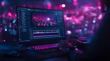 A glowing computer monitor displays vibrant audio and editing software while a user types, surrounded by dazzling lights and colors in a creative workspace. photo