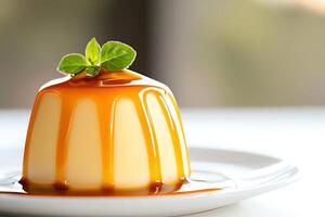 Delicious caramel pudding topped with fresh mint leaves, served elegantly on a white plate. Ideal for desserts and gourmet food photography, showcasing a delightful culinary treat. photo