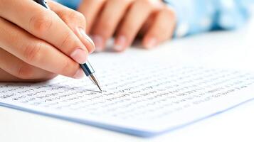 A close-up view of a person's hand holding a pen and writing on a sheet of paper, symbolizing communication, education, and creativity in a professional or academic setting. photo
