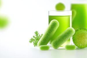Refreshing green drink surrounded by vibrant ingredients, capturing the essence of health and vitality. Perfect for wellness promotions and healthy lifestyle imagery. photo