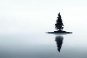 A serene landscape featuring a solitary tree on a small island, surrounded by a misty lake reflective of a calm and tranquil atmosphere, symbolizing peace and solitude. photo