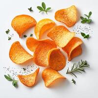 A collection of crunchy potato chips scattered on a white surface. The vibrant orange color and seasonings add a fresh touch, perfect for snack lovers and food enthusiasts. photo
