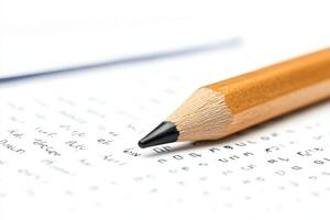 Close-up view of a sharpened pencil resting on a sheet of paper filled with handwritten notes. The pencil's wooden texture contrasts beautifully with the white background. photo