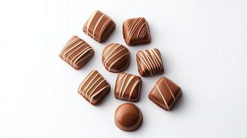 An elegant arrangement of assorted chocolate candies displayed against a white background, showcasing the rich textures and delightful patterns on each piece. photo