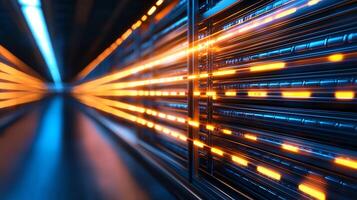 A dynamic view showcasing a futuristic data center with glowing orange and blue lights, representing advanced technology and fast data processing in a sleek, digital environment. photo