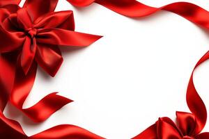 A elegant arrangement of red satin ribbons and bows creates a festive atmosphere photo