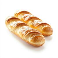 Freshly baked baguettes on a white isolated background, showcasing their golden crust and perfect texture, ideal for bakery promotions. photo