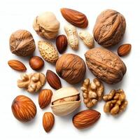 An assortment of various nuts including almonds, walnuts, and pistachios displayed beautifully. Perfect for healthy snacking, culinary uses, or promoting nutrition-focused content. photo
