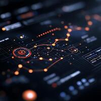 A close-up view of a futuristic data visualization interface with glowing elements and intricate graphs, symbolizing advanced technology and data analytics in action. photo