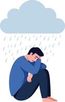 A man sitting on the ground with his knees drawn to his chest under a rain cloud in a flat illustration vector