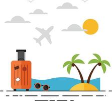 A vibrant tropical beach scene with palm trees, suitcase, sunglasses, and airplane in the sky, designed in a minimal art style vector