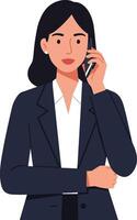 Professional woman in a tailored suit talking on the phone in a minimalist flat illustration vector