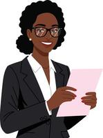 Confident businesswoman in a professional black suit holding a pink document in a flat illustration style with a friendly smile and glasses vector