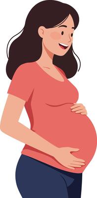Pregnant woman smiling warmly while gently cradling her baby bump in a flat, modern style illustration conveying joy and anticipation of motherhood