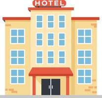 Hotel building with flat design showcasing welcoming entrance and bright colors in a cheerful urban setting, ideal for travel illustration vector