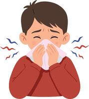 Young boy with a tissue in hand, showing signs of illness in a flat, colorful design style, illustration vector