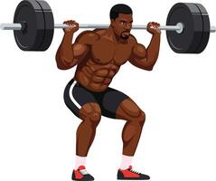 Muscular man performing a squat with heavy weights in a flat and minimal design style, showcasing strength and determination in illustration vector