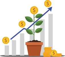 Money tree growing in a pot with coins and rising graph in flat illustration vector