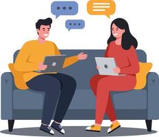 Two friends engaged in a conversation while working on laptops, modern flat design art vector
