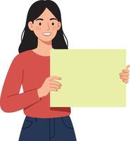 Cheerful young woman holding a blank yellow sign in a minimal flat design illustration, smiling and engaging the viewer with a positive demeanor vector