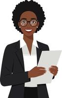 Confident businesswoman with glasses smiling while holding documents in a professional setting, showcasing a flat design style illustration vector