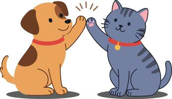 Playful dog and cat engaging in a friendly high-five, illustrated in a colorful and minimal design style, perfect for art vector