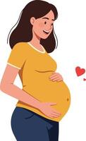 Pregnant woman in a joyful pose wearing a yellow shirt with heart symbols in a flat and cheerful illustration vector